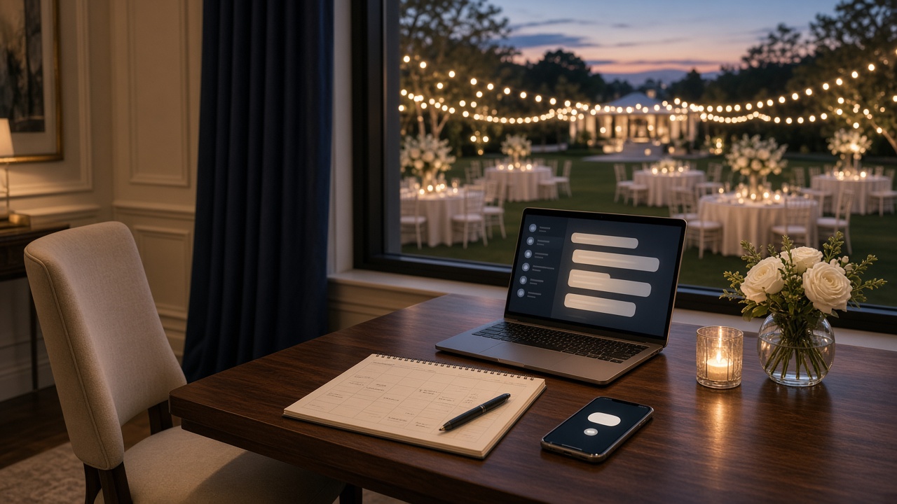 Event venue sales desk at dusk with a laptop and phone lit up beside an empty chair, a string-lit reception lawn outside the window