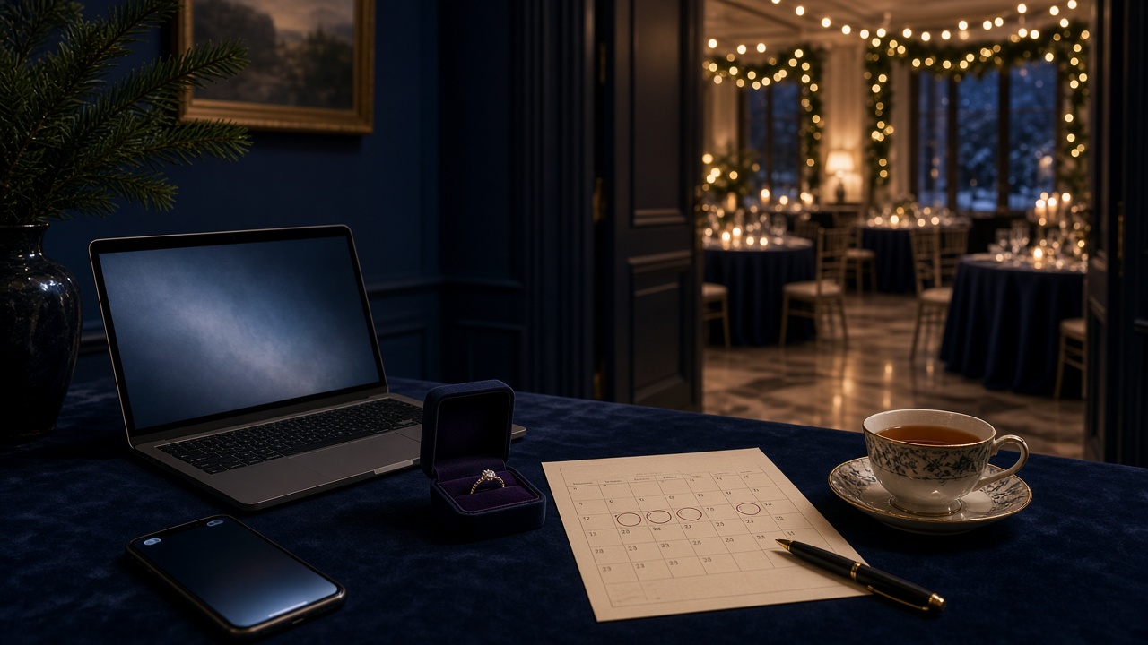 Venue sales desk on a winter evening with a laptop, phone, ring box and tour calendar, a candlelit ballroom with holiday garland beyond